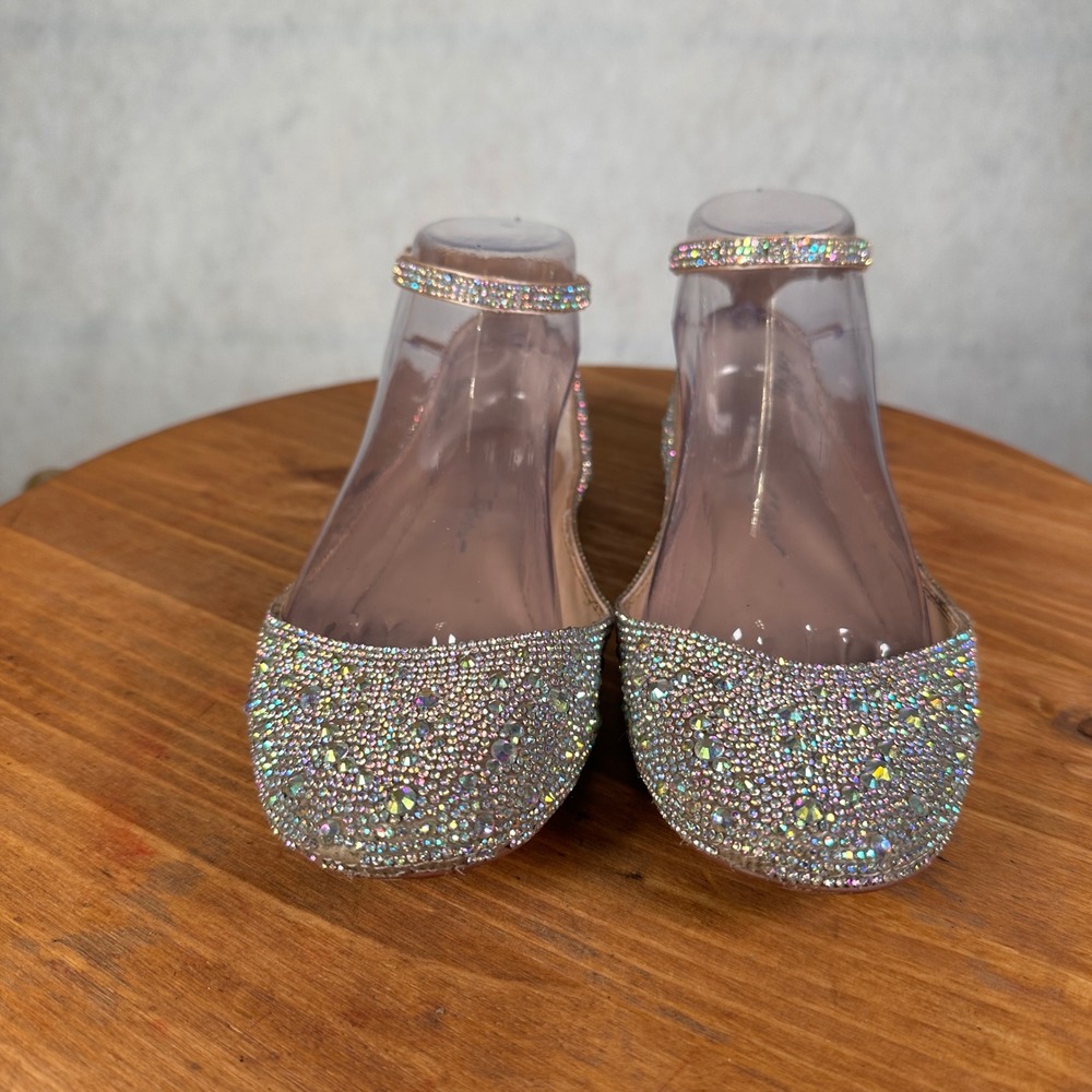 Betsey Johnson SB-ACE Flats Women 7M Champagne Rhinestone Good Crystal Ankle - Picture 2 of 14